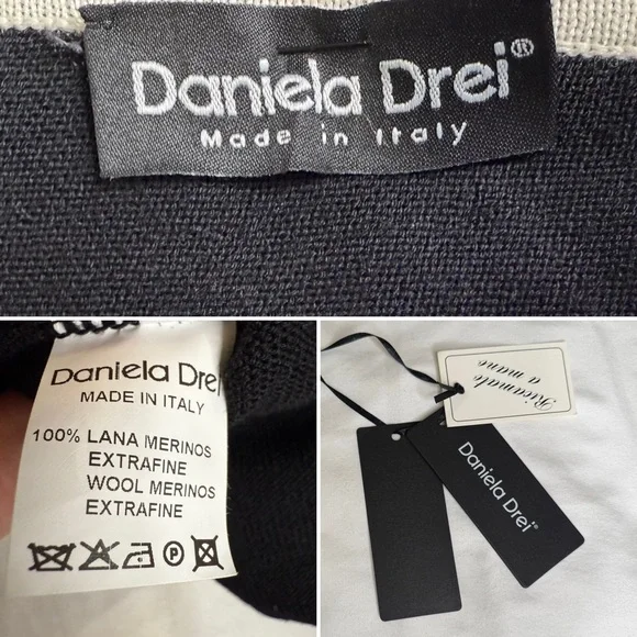 Daniela Drei Italian Merino Wool Asymmetric Sweater Black Cream Beaded Sz L NWT - Picture 6 of 11
